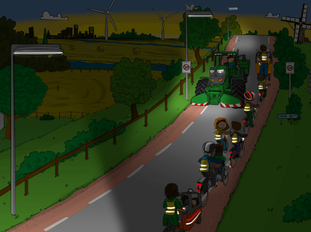Tekening van een polderweg in het donker met een stoet fietsende kinderen en een tegenliggend landbouwvoertuig