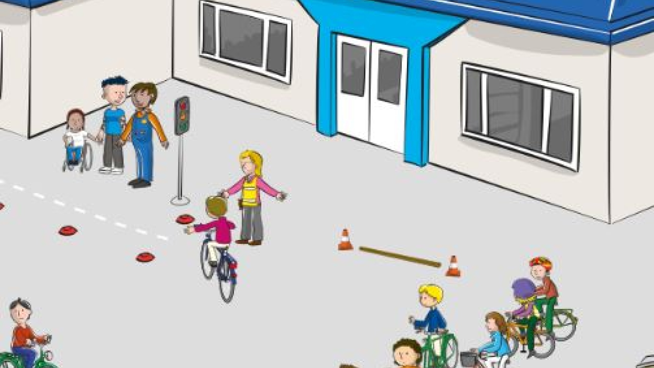 Plaatje van verkeersouders en kinderen op schoolplein