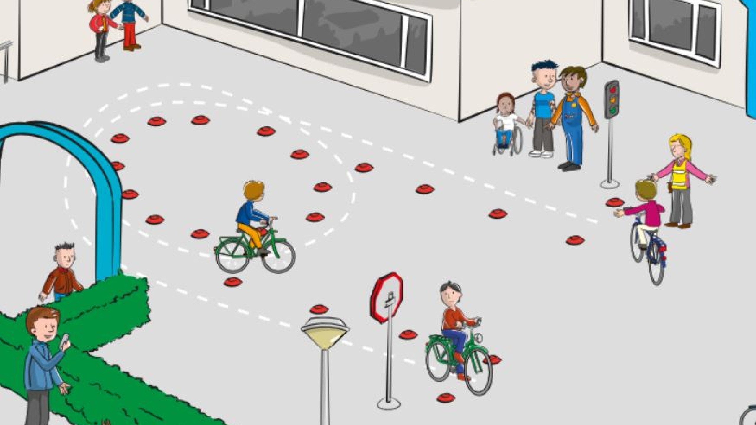 een fietsparcours dat geoefend wordt door kinderen op het schoolplein