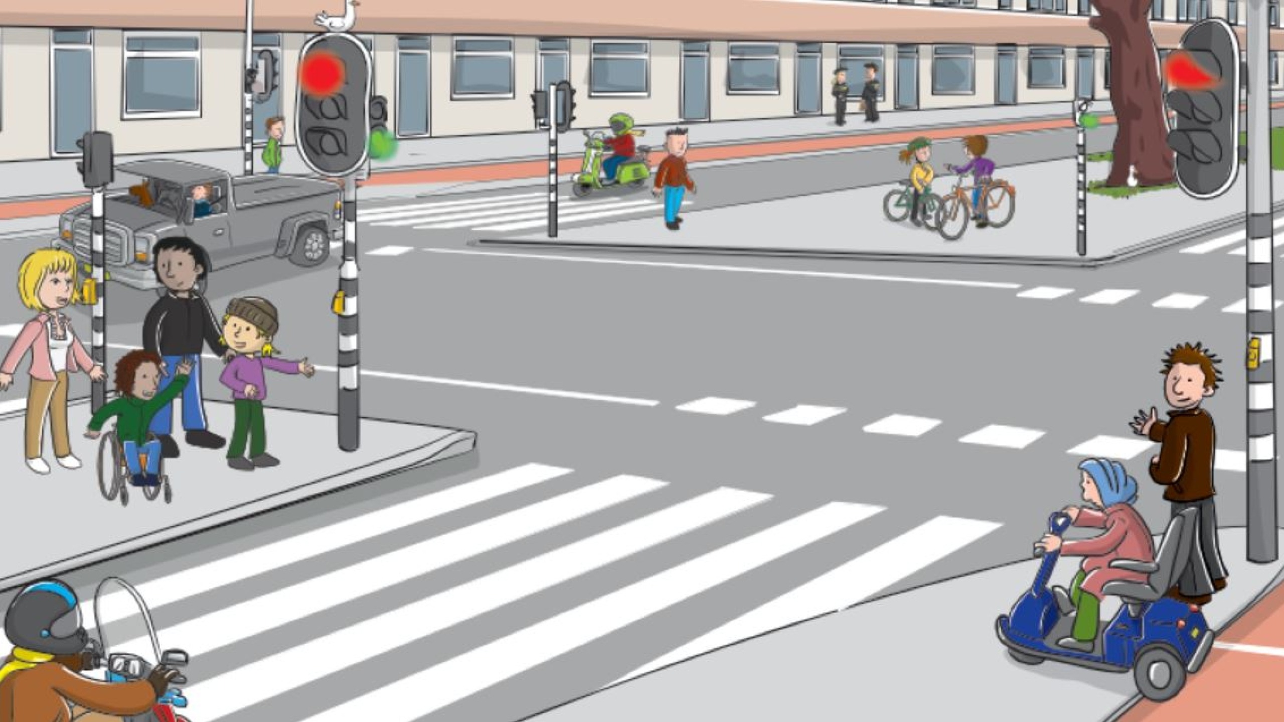 Een zeebrapad waar mensen mogen oversteken en een scooter moet wachten voor rood licht