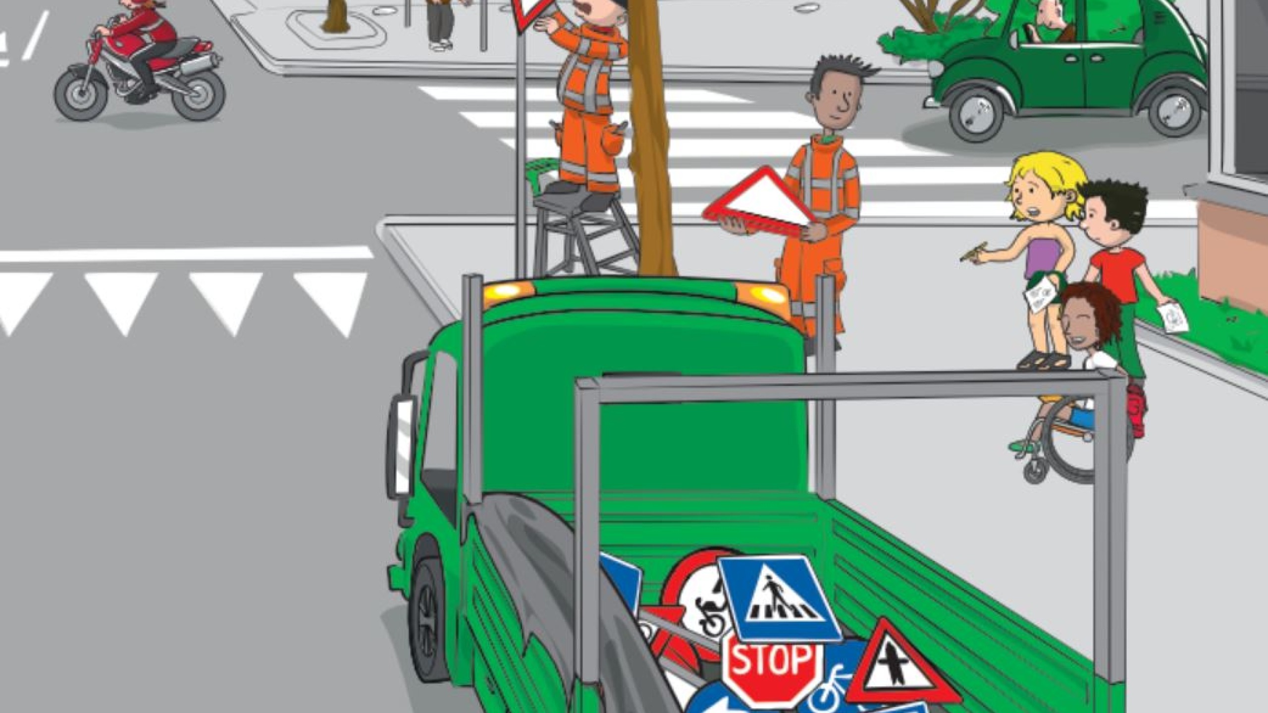 Verkeersborden worden opgehangen in de wijk