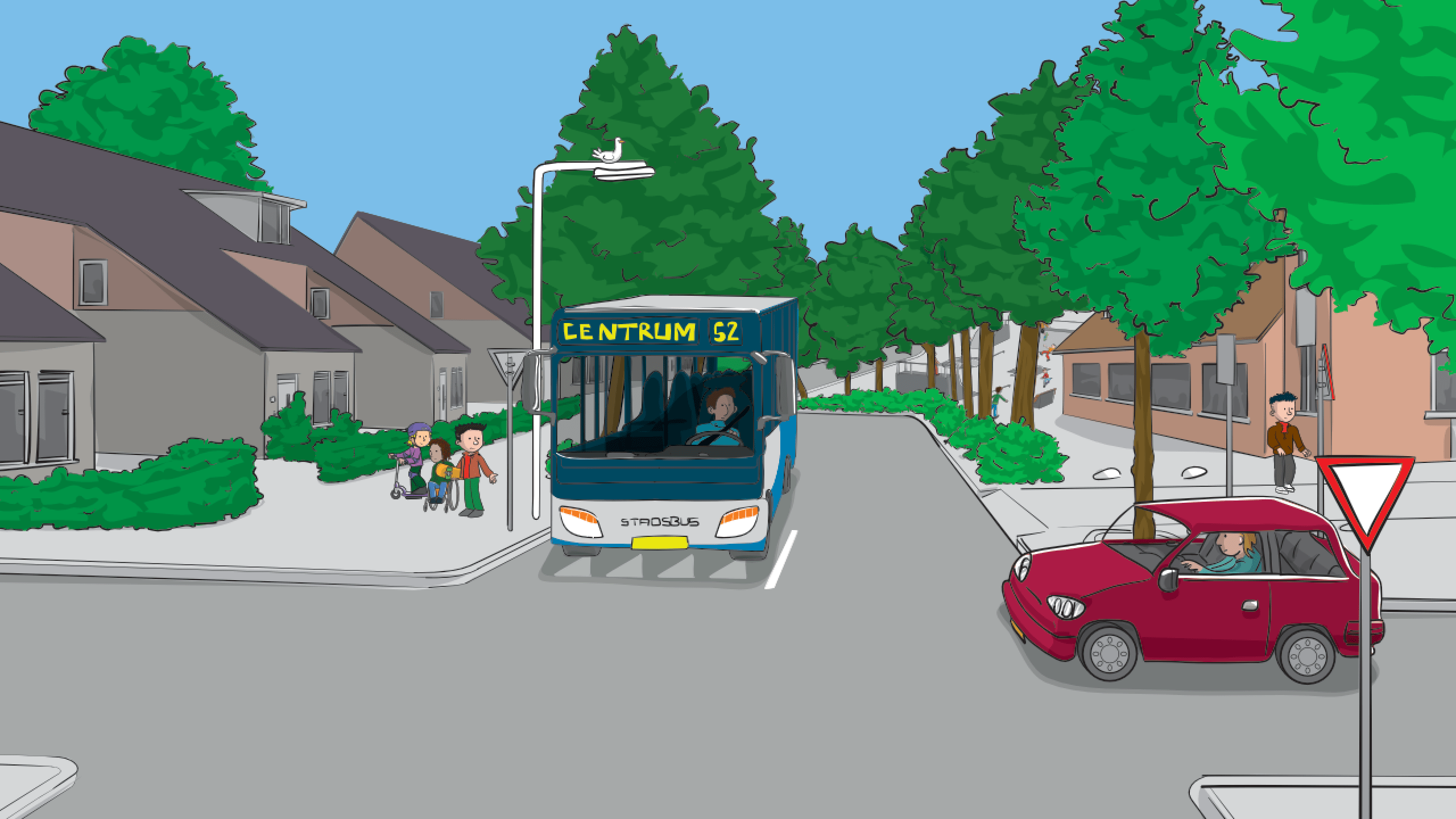Bus stopt voor haaientanden, een auto rijdt voorbij en er staan kinderen met vader op de stoep te wachten om over te steken
