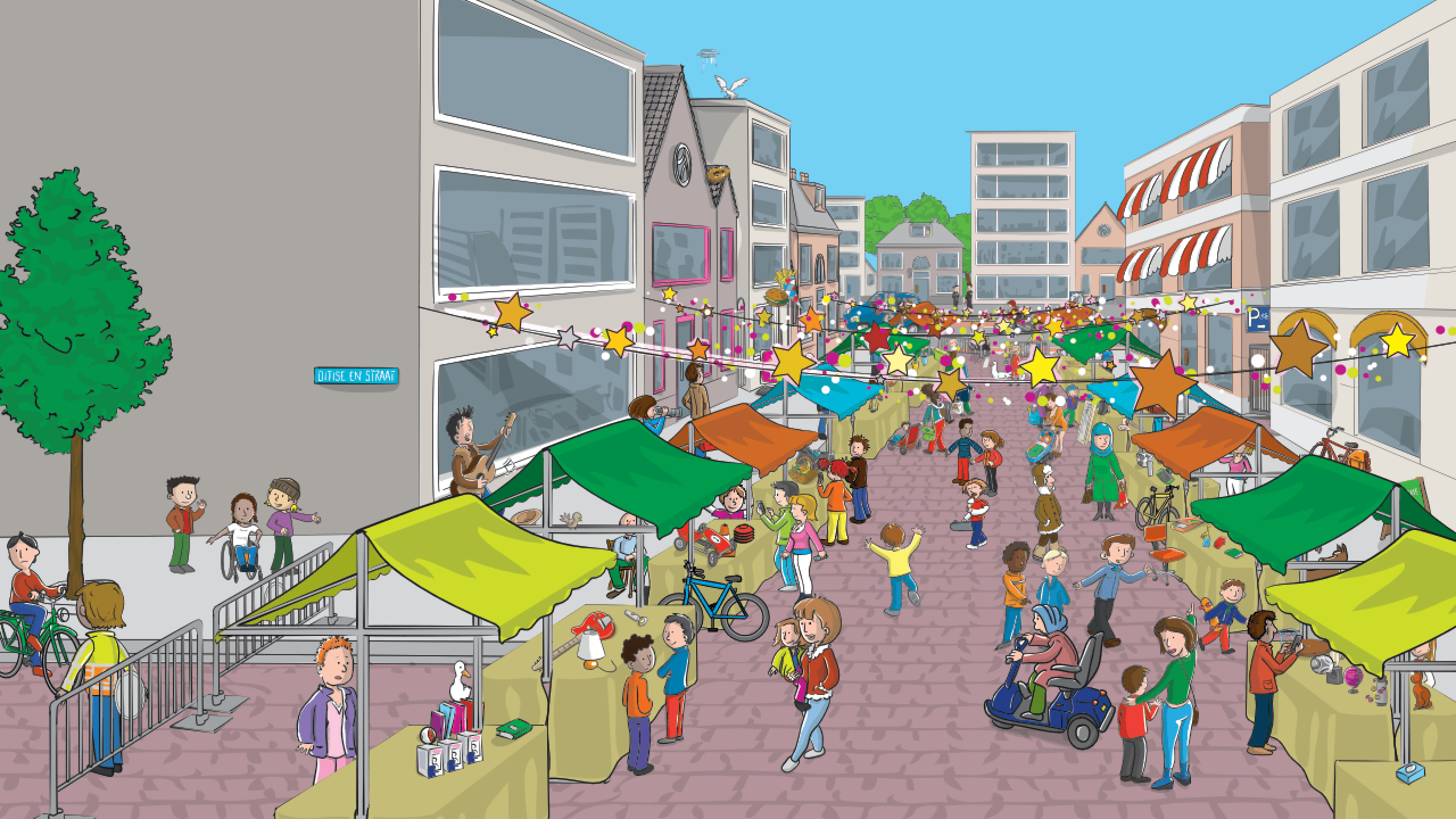 Illustratie grote drukke markt met verschillende vervoerswijzen door elkaar