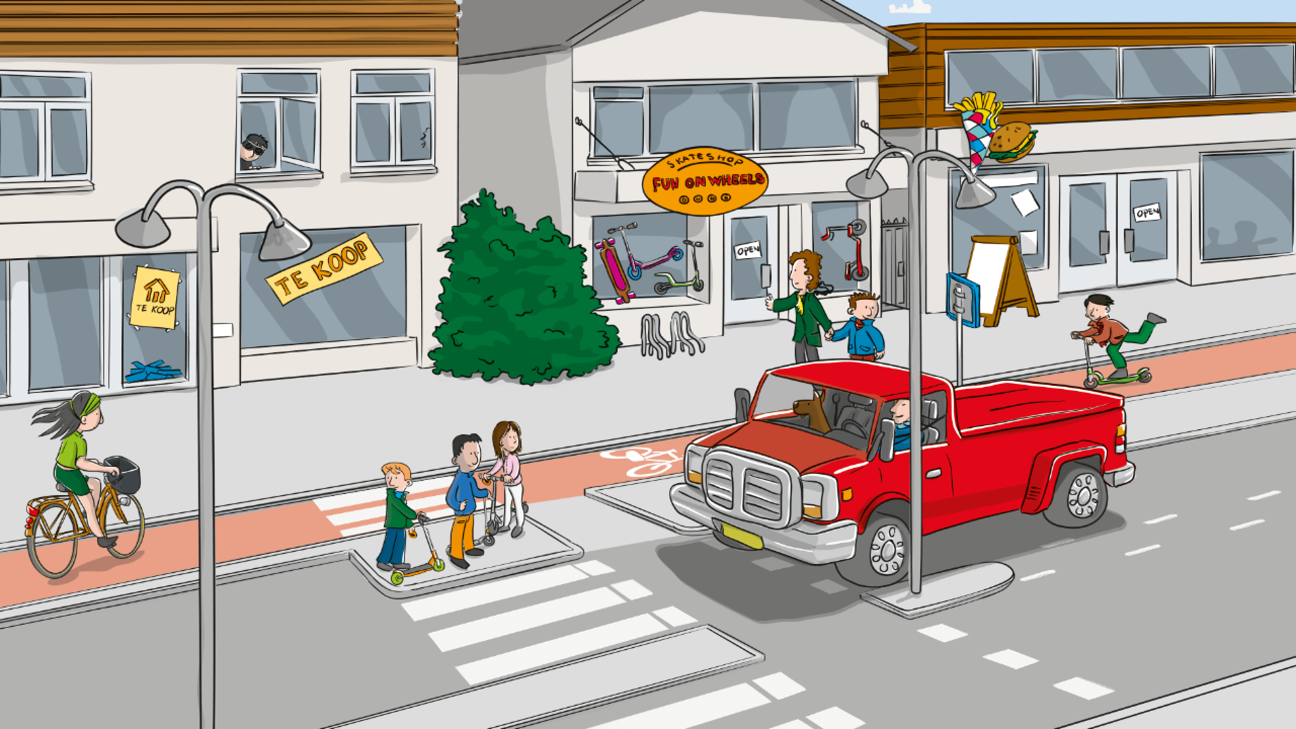 kinderen die het zebrapad willen oversteken op een drukke weg (illustratie)