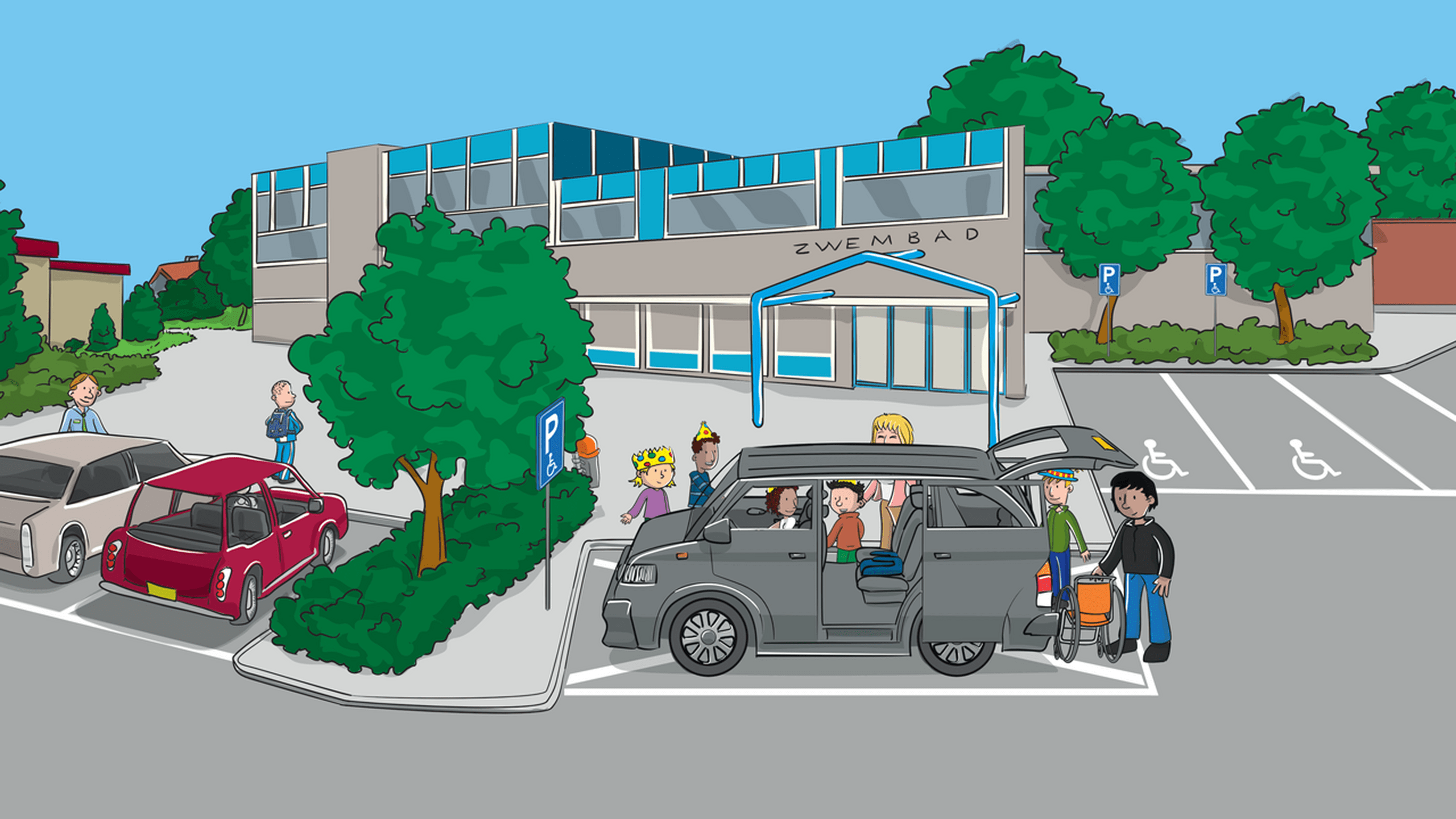 Een tekening van een auto waar kinderen uit stappen op een parkeerplaats bij het zwembad