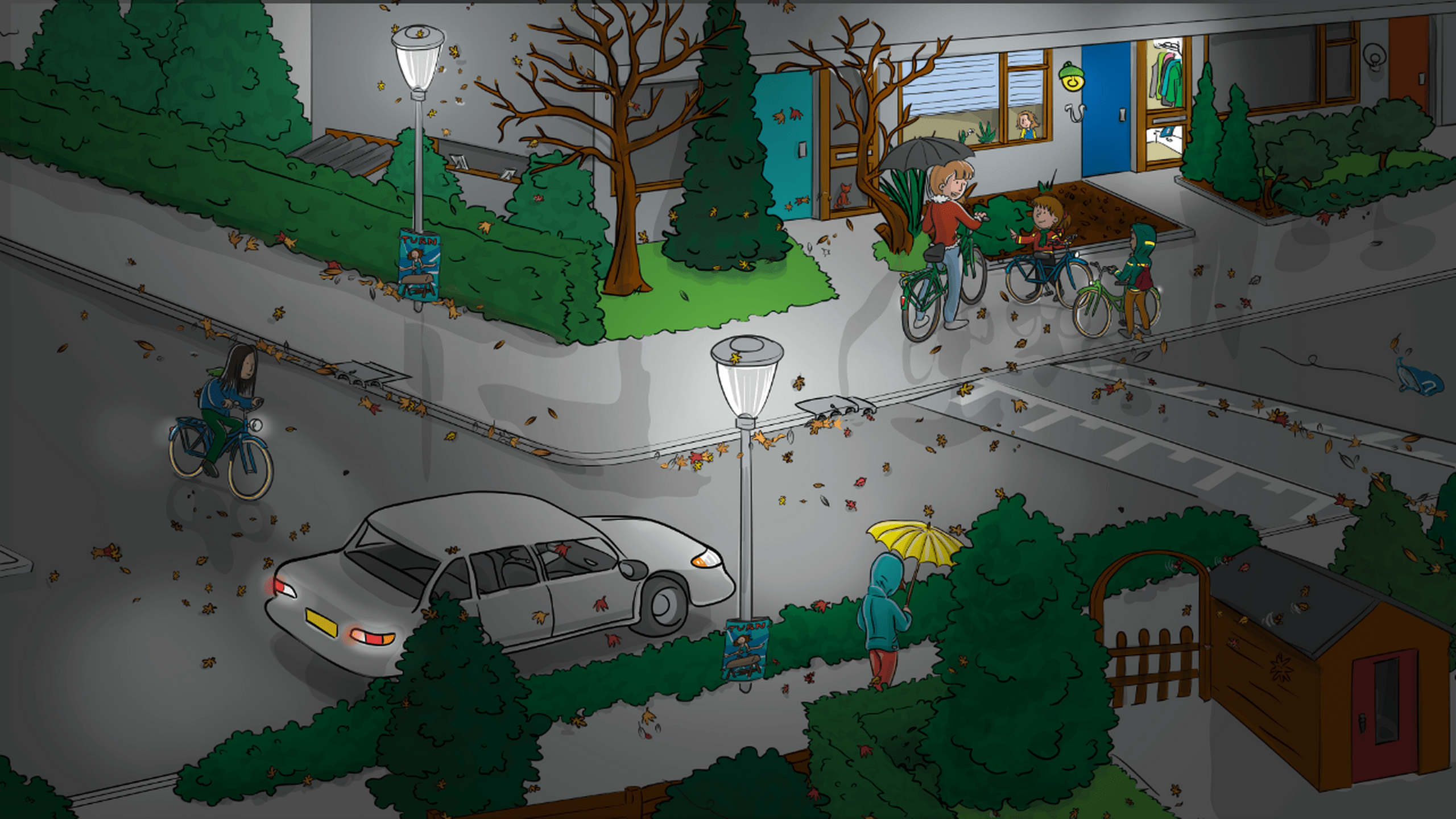 Een straat met een fietser, auto en mensen op de stop in een donkere koude winternacht