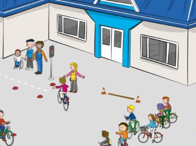 Plaatje van verkeersouders en kinderen op schoolplein