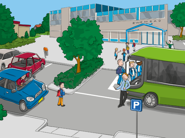 auto's en een bus bij het zwembad tekening