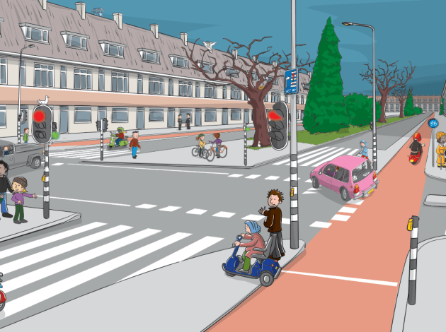 een groot kruispunt met zeebrapaden en verkeerslichten die op rood staan voor rijdende voertuigen. voetgangers mogen oversteken