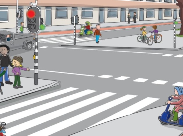 Een zeebrapad waar mensen mogen oversteken en een scooter moet wachten voor rood licht