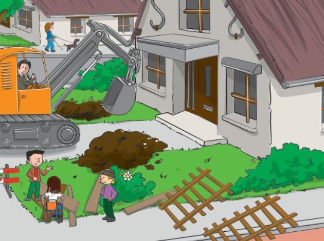 Illustratie grote bouwkraan staat voor een huis met afzetting op de stoep waar kinderen langs willen