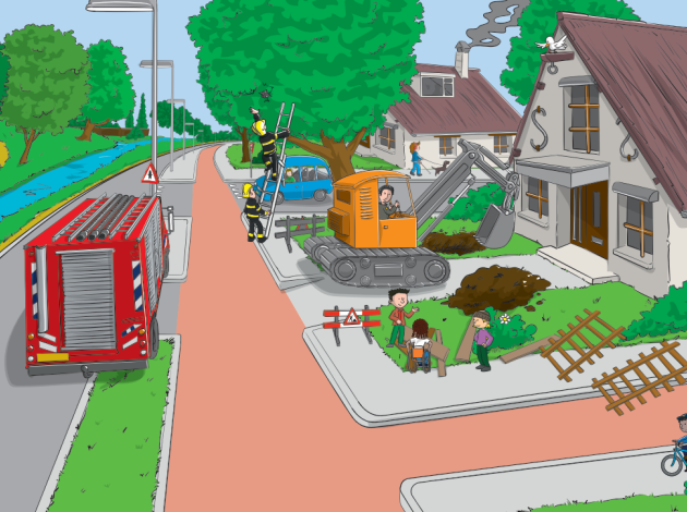Brandweerwagen op de weg, shovel bij het woonhuis en kinderen die rondlopen