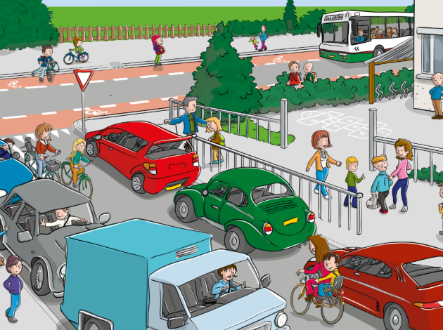 Verkeersplaat we gaan weer naar school - wat een drukte