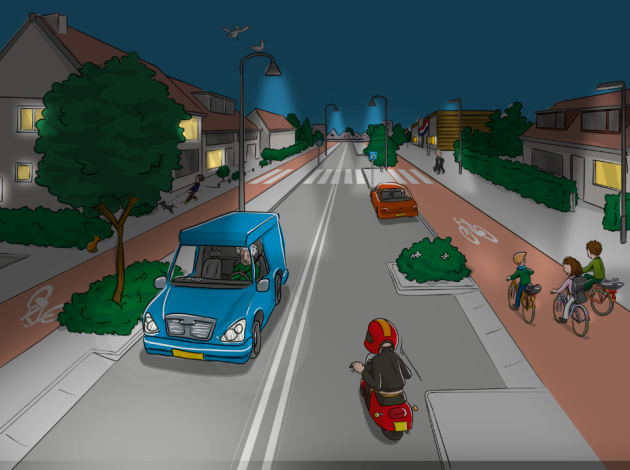 verlichtte straat in het donker