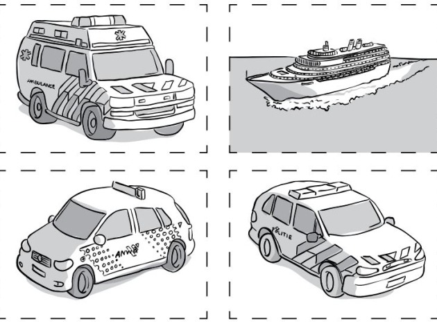 ambulance, cruiseschip, taxi en politieauto uitknipplaatjes