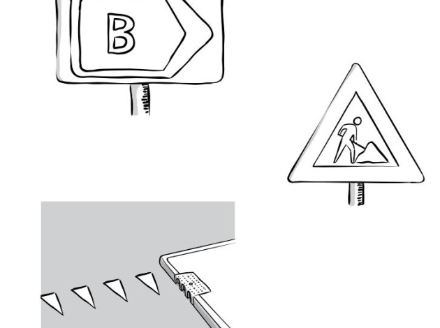omleidingsbord, bord voor wegwerkzaamheden en haaientanden 