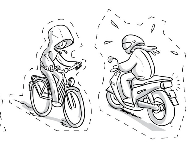 Uitknipplaatjes verkeersdeelnemers op fiets en scooter in regenkleding