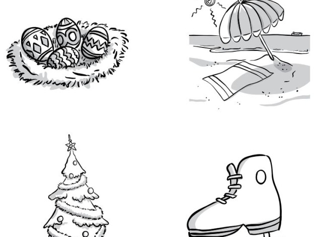 paaseieren, kerstboom ,schaatst en strand met parasol