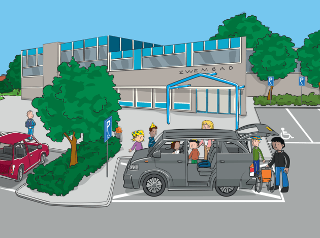 Een tekening van een auto waar kinderen uit stappen op een parkeerplaats bij het zwembad