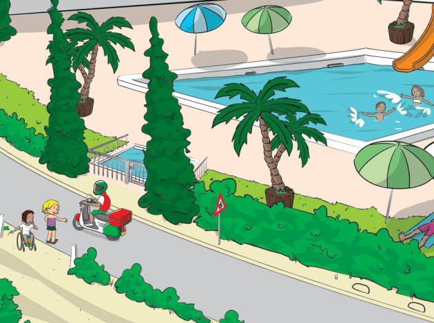 Een tekening van een vakantiepark met zwembad. Kinderen proberen veilig de weg over te steken naar het zwembad toe