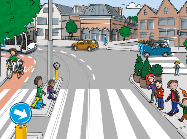 Een tekening van een zebrapad waar mensen willen oversteken. er komen een paar fietsers voorbij en er komt een bus aan.  