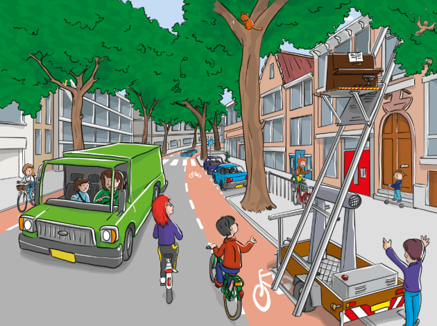 Een tekening van een straat in een woonwijk. uit één van de huizen wordt een piano gehaald voor een verhuizing. 