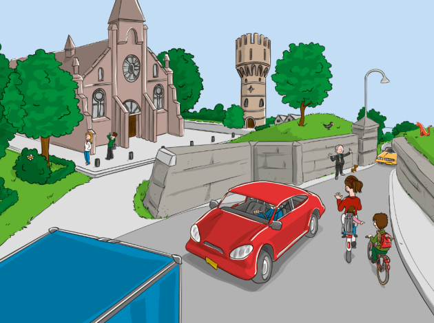 Een tekening van een drukke straat met auto's en twee fietsers naast een kerk en toren