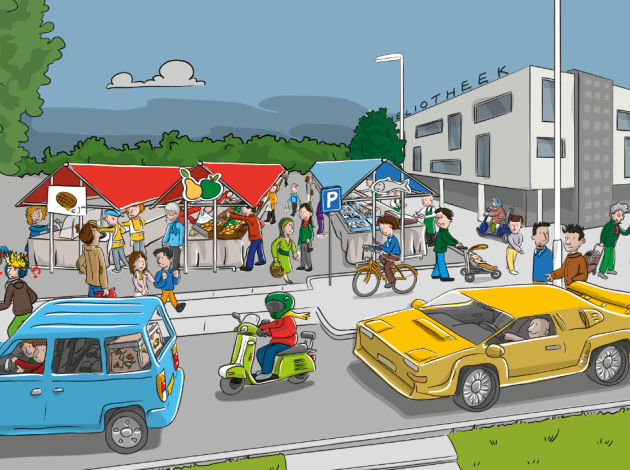 Tekening van een druk bezochte markt naast de bibliotheek en twee auto's en brommer op de weg