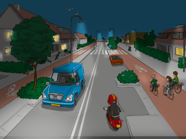 een animatie met daarop een donkere straat waarop auto's een brommer en fietsers rijden 