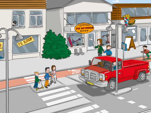 tekening van een winkelstraat waar drie mensen met step wachten bij een zeebrapad en een trucwagen die voor hen stopt. 