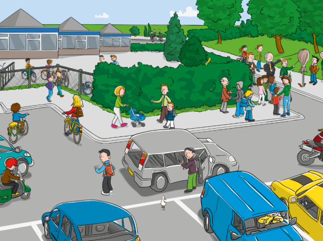 tekening van een sparkeerplaats bij school waar een nieuw verkeersbod onthuld wordt, kinderen naar school gebracht worden en ouders die met elkaar staan te praten