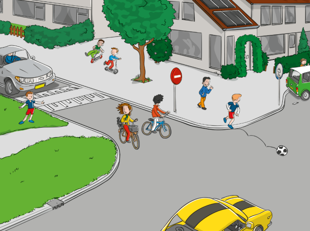 Kinderen die op een t-splitsing voetballen. de bal rolt de straat op terwijl er een auto aan komt rijden