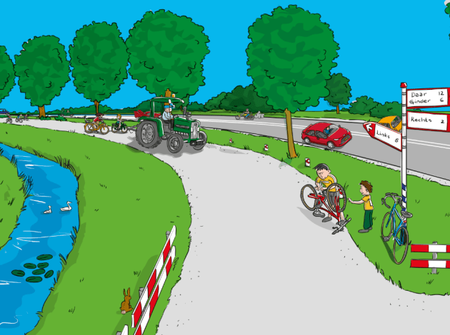 Tekening van een fietser die op een polderweg de ketting weer op de fiets aan het leggen is. er komt een landbouwvoertuig aan. 