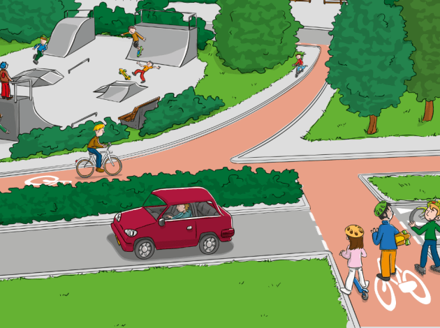 Een tekening van een skatepark en fietspaden die er naartoe leiden.
