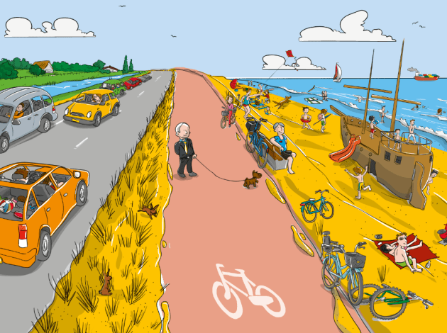 Een tekening van een druk strand met gezinnen langs een fietspad en drukke weg met auto's