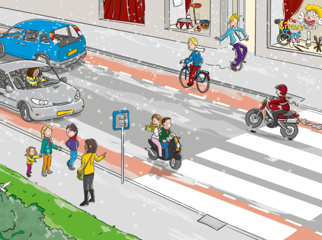 tekening van een winderse straat met een één wieler, fietsers, brommers en automobilisten. een paar mensen staan op de straat te praten 