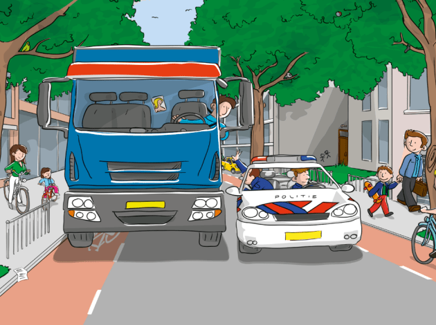 Een tekening met daarop een politieauto en een vrachtwagen op de weg en een tegenliggende fietser op de fietsstrook