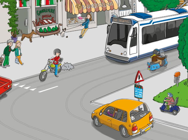 een tekening van een t-splitsing bij een winkelstraat met een lijnbus, autos en een motor. 