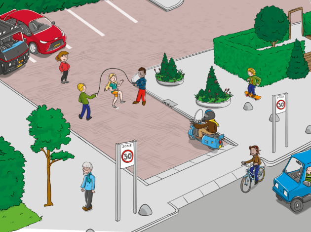 Een tekening van een parkeerplaats in een 30 zone waar kinderen touwtje springen