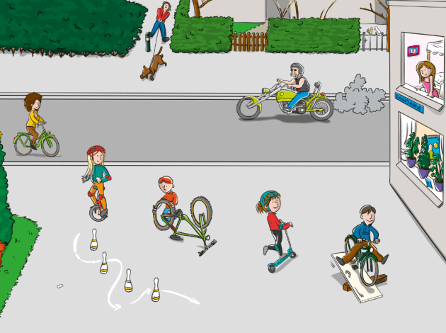 een tekening van kinderen die op een pleintje oefenen met verschillende fietsoefeningen en een kind waarbij de ketting van de fiets af is