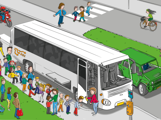 Een tekening van een bus waar schoolkinderen naast staan om op schoolreis te gaan. ouders staan aan de zijkant om uit te zwaaien