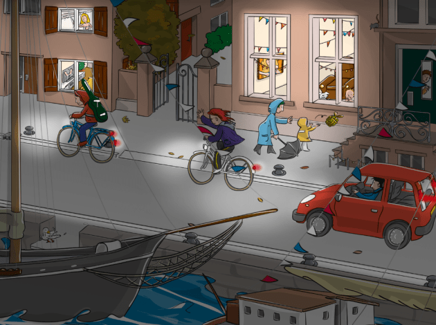 Een animatie met een donkere straat met fietsers, voetgangers en een auto in een sterke wind. 