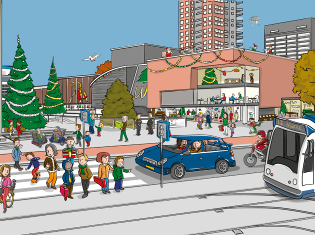 Een tekening van een plein versierd met kerstversiering en een zeebrapad waar veel mensen oversteken. een wachtende auto en tramlijn. 
