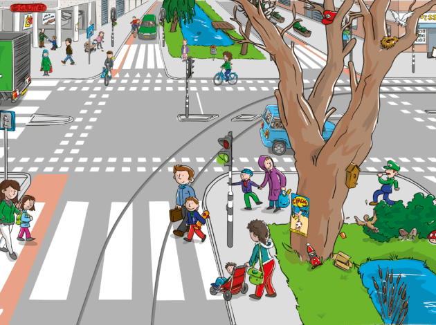 Tekening van een druk kruispunt met verschillende wegen, kinderen en ouders die het zeebrapad oversteken en fietsers die elkaar bijna kruisen