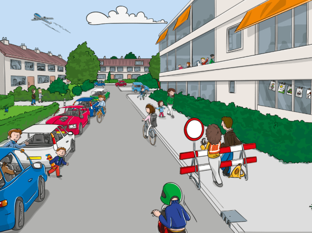 Een tekening van een straat met geparkeerde auto's naast een basisschool. kinderen steken over of fietsen in de straat. 