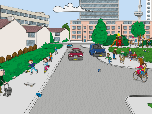 Een tekening van een straat bij een speelplaats. kinderen spelen op de stop en op straat. een oude man probeert over te steken.