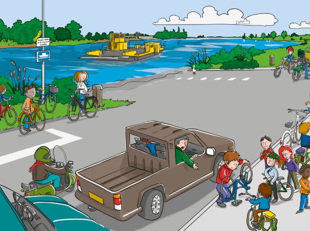 een tekening van een weg naast het kanaal. een groep kinderen staat met hun juf op de stoep omdat iemand een platte band moet plakken. 