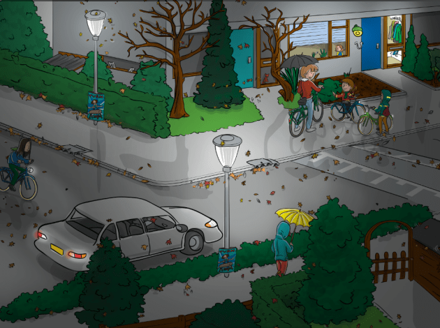 Een straat met een fietser, auto en mensen op de stop in een donkere koude winternacht
