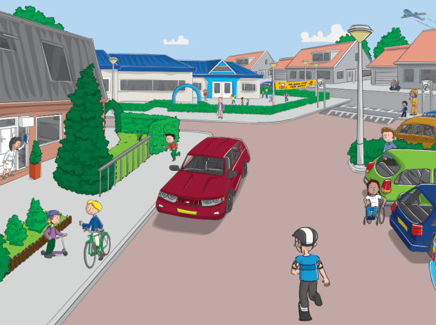 Tekening van een schoollocatie met geparkeerde en rijdende auto's en kinderen spelend op de stoep en de weg
