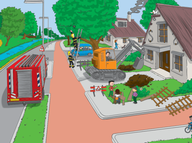 Een tekening van een brandweerwagen op de weg en een graafmachine die een kuil in een voortuin graaft met kinderen spelend op de stoep